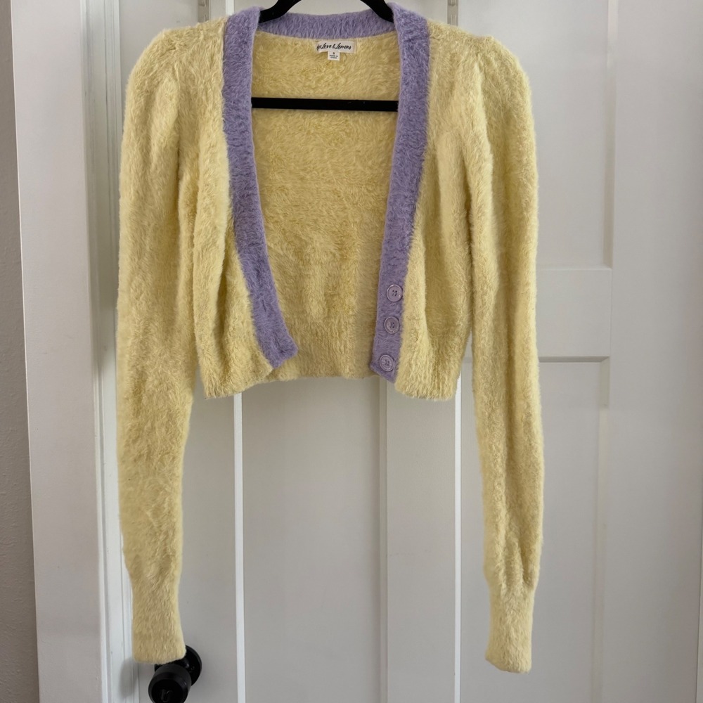 For Love & Lemons Sheila Cropped Cardigan Yellow Purple Fuzzy Sweater S Soft Grl